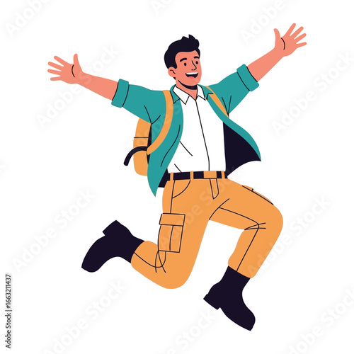 Joyful Hiker's Leap: Capturing a moment of pure joy, a young hiker soars through the air with arms outstretched, embodying the exhilaration of adventure.