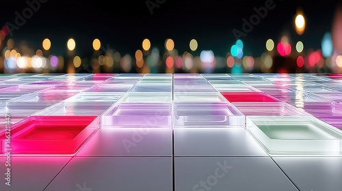Glowing Geometric Grid with Neon Lights at Night