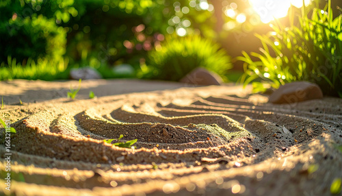 macro shot of a natural sandarium in a sunny backyard, layered sand/gravel, small footprints, clean composition, soft morning light, high detail, no text, no logos