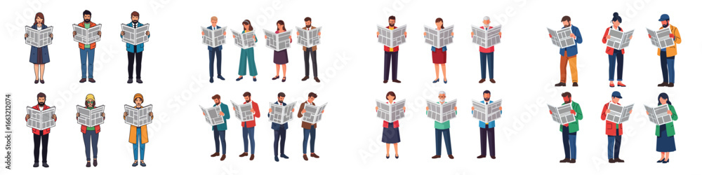 Obraz premium People Reading Newspaper Character Set
