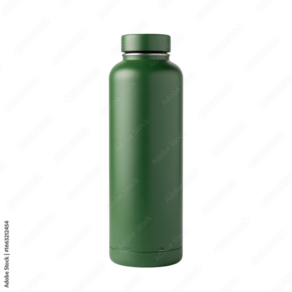A green metal water bottle for sports and outdoor activities, isolated on transparent background A green metal water bottle for sports and outdoor activities, isolated on transparent background