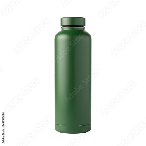 A green metal water bottle for sports and outdoor activities, isolated on transparent background