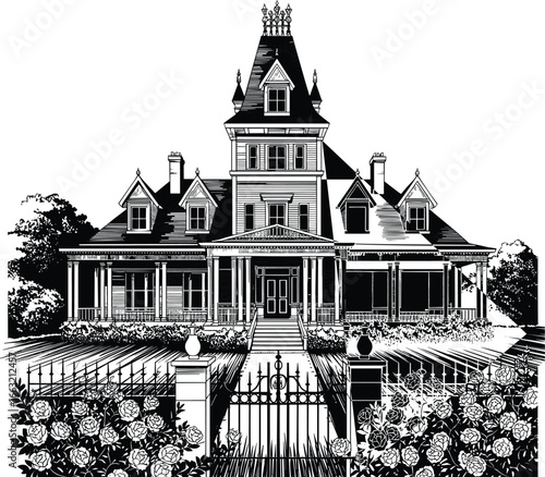Victorian house illustration, ornate historic building vector, vintage architecture design, grand mansion art, antique home clipart, decorative facade graphic,