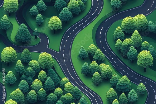 A scenic clipart road winding through a forest, top-down vector layout with stylized trees, shadows, and curved lanes 
