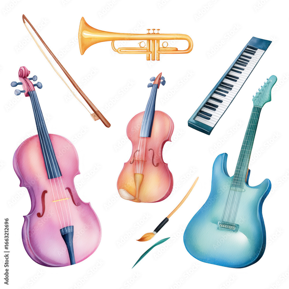 Naklejka premium Musical Ensemble: An artful watercolor arrangement of various musical instruments, harmoniously composed to celebrate the symphony of sound.