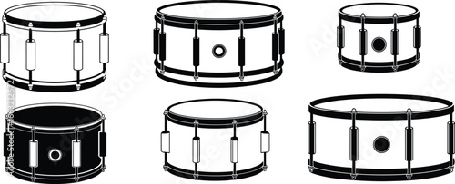 Realistic drum illustrations, percussion instrument clipart, snare drum vector, bass drum design, music equipment art, detailed drum set drawing collection