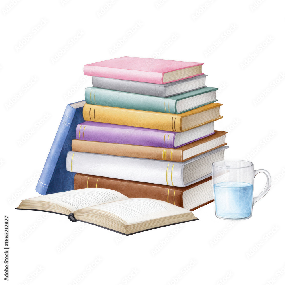 Naklejka premium Stack of Books: A pile of assorted books, stacked together, inviting a plunge into the realm of knowledge and relaxation. The scene is made complete with a clear glass filled with water.