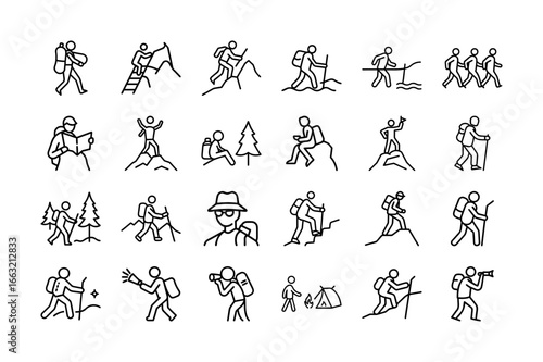 Hiker Elements Vector Icon Set. Hiking, Trekking, Mountain Climbing, Backpack, Walking, Trail, Adventure, Hiking Boots, Climbing Stick, Nature Exploration, Hiking Path, and More. Editable Stroke.