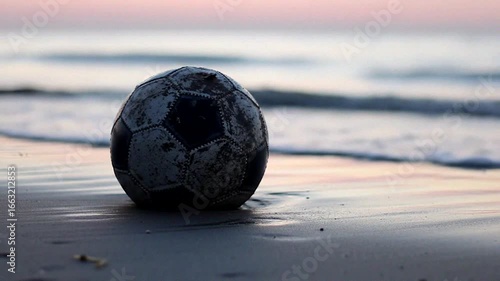 A worn soccer ball rests on the sandy beach as gentle waves lap at the shore during a colorful sunset.