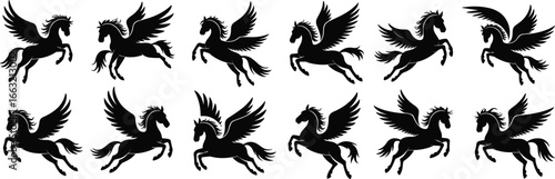 Silhouette Pegasus flying, mythical winged horse illustration, fantasy animal art, black horse wings, majestic creature design, vector graphic, isolated white background