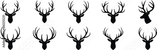 Deer head silhouettes, antlered buck icons, wildlife hunting clipart, nature animal vector, black white illustration, trophy emblem design, rustic outdoor graphic set