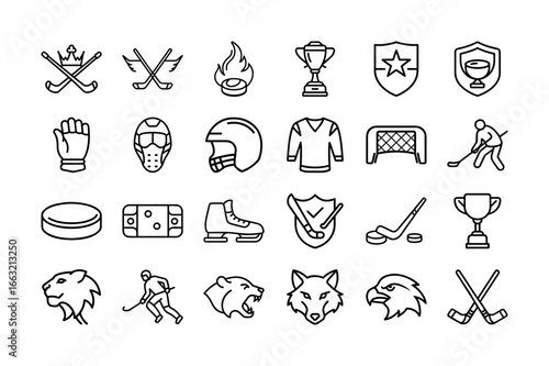 Hockey Club Logo Vector Icon Set. Ice Hockey, Stick, Puck, Goal, Shield, Hockey Player, Trophy, Helmet, Sports Club, Team, Sport Equipment, Championship, and More. Editable Stroke. Vector Illustration