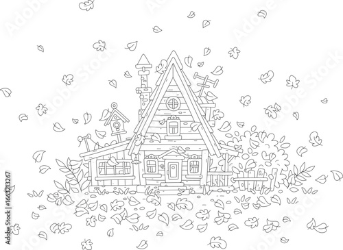Cozy little wooden house with a verandah and a fence surrounded by falling and swirling autumn leaves, black and white outlined vector illustration for a coloring book