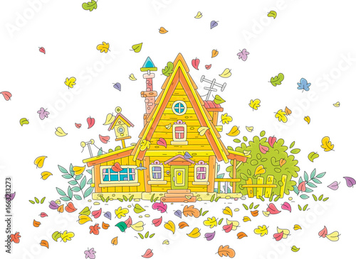 Cozy little wooden house with a verandah and a fence surrounded by colorful falling and swirling autumn leaves, vector cartoon illustration on white