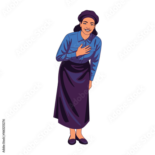 Appreciative Gesture: An illustration shows a woman in a simple elegant outfit bows respectfully with hand over heart, radiating warmth and gratitude.