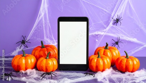 Smartphone mockup surrounded by miniature pumpkins and spiderwebs against a purple backdrop, perfect for Halloween-themed app promotion.