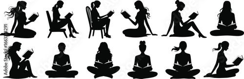 Reading people silhouettes, book lover icons, literature clipart, sitting reader vector, education graphic, library design, black white illustration, knowledge learning concept set