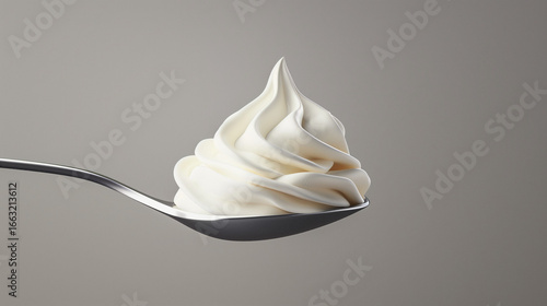 Spoon holding delicious whipped cream on gray background. Silver spoon holding a swirl of whipped cream, creating a tempting image for food and dessert lovers AI generated