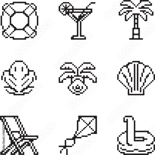 Coastal Fun Pixel Vector Icons Lifebuoy, Cocktail, Palm Tree, Shell, Beach Chair, Kite, Swimming Float