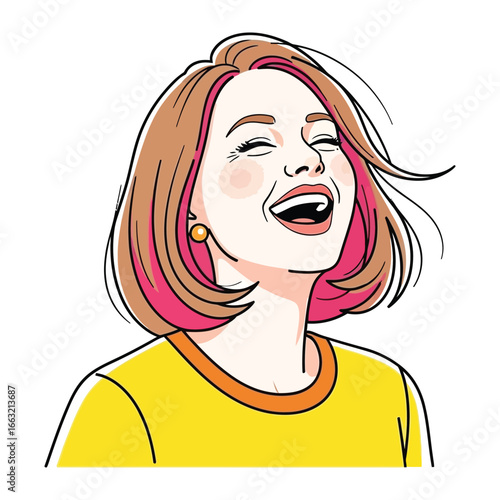 Radiant Joy: Illustration of a laughing woman expressing pure happiness, vibrant colors and animated facial expressions. 