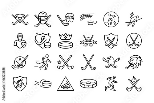 Hockey Club Logo Vector Icon Set. Ice Hockey, Stick, Puck, Goal, Shield, Hockey Player, Trophy, Helmet, Sports Club, Sports Equipment, Championship, and More. Editable Stroke. Vector Illustration.