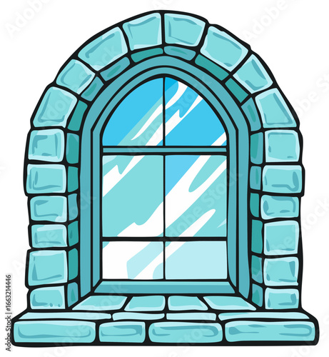 Cartoon Illustration of an Arch Window Framed with Stone Blocks and Blue Panes Depicting Light and Shadows, Fantasy Architecture
