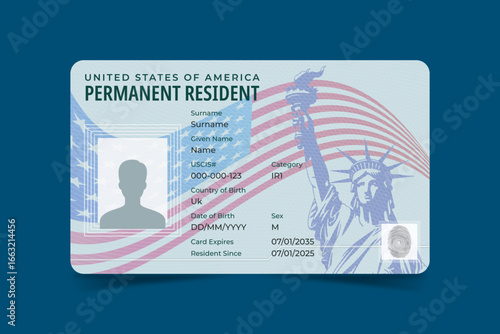 USA Permanent Resident Card Template. USA Green Card Vector Illustration Design