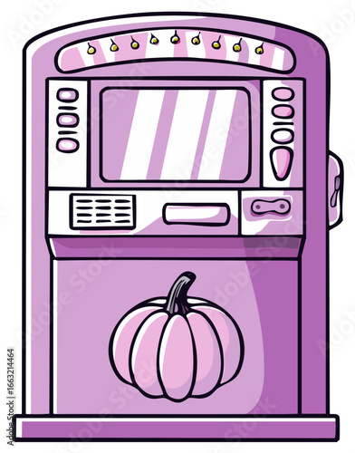 Playful Cartoon Vending Machine with a Halloween Pumpkin Accent in Pastel Purple and White