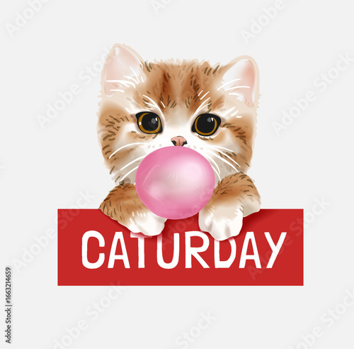 kitten blowing bubblegum vector illustration
