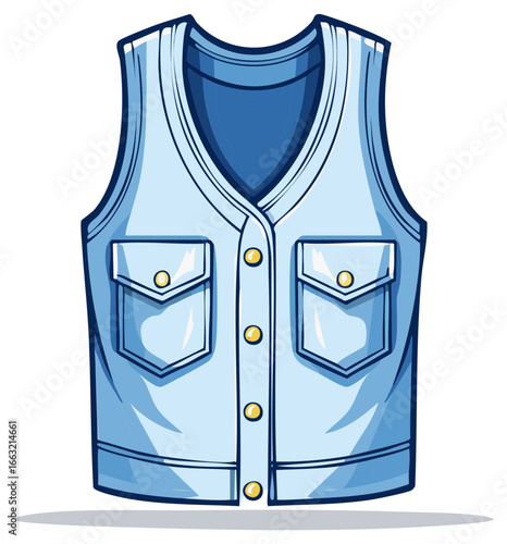 Illustrated blue denim vest with pocket and buttons