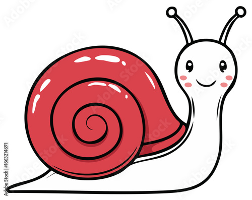 Friendly smiling cartoon snail character with a bright red spiral shell and cute antennae illustration
