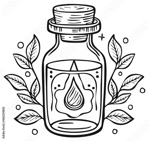 Mystical potion bottle with leaves and drops, symbolic elixir vial