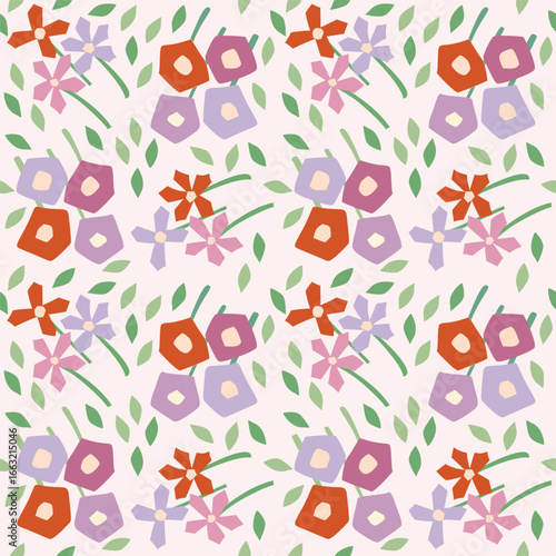 Beautiful colorful flower and leave seamless pattern.Abstract background surface texture background.Nature botanical nordic folk illustration.Vintage design for fabric,summer, spring,celebration,decor