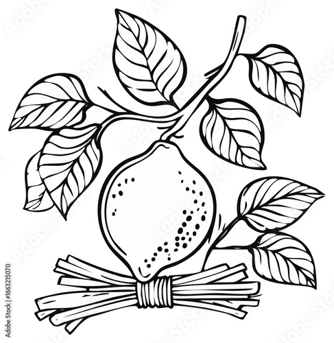 Citrus fruit lemon on a leafy branch with fresh lemongrass bundle botanical line art