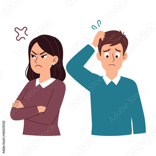 Disagreement in Relationship: An animated representation captures a couple embroiled in disagreement, the woman's angry expression juxtaposed with the man's confused demeanor