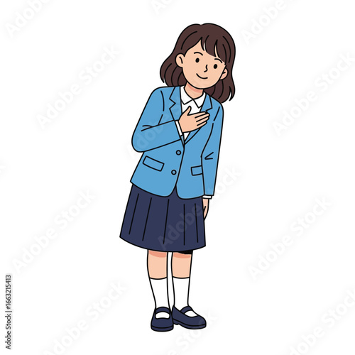 Polite Bowing Illustration: A cheerful schoolgirl with brunette hair bows respectfully, offering a gesture of greetings or gratitude. This cute illustration portrays respect, a cornerstone of society.