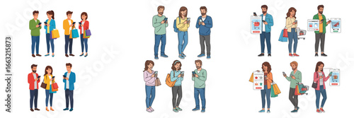 People Online Shopping with Smartphones Set