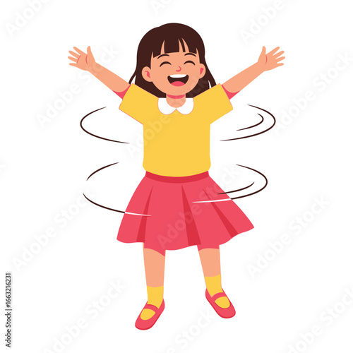 Child's Whirlwind Joy: A joyful young girl spins with boundless energy, radiating pure glee and playfulness. Her animated pose and delighted expression encapsulate the essence of childhood happiness.