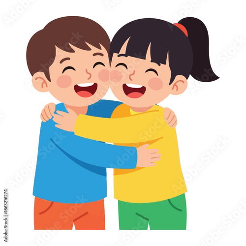 Heartfelt Embrace of Friendship: Capturing the pure innocence of friendship, a tender embrace shared between two cheerful youngsters.