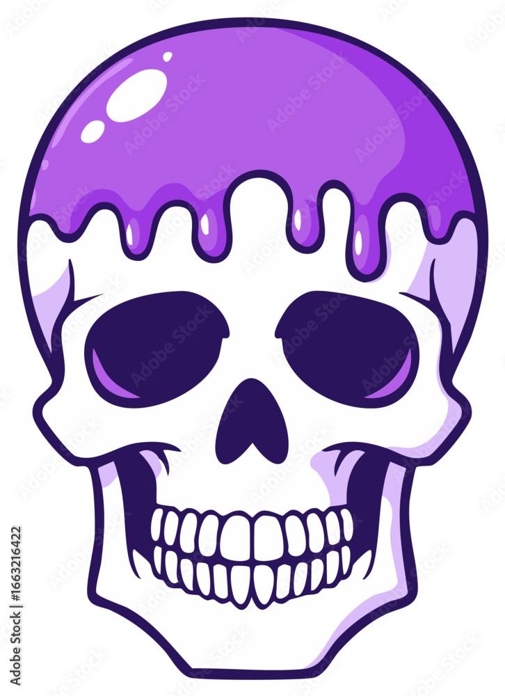 Fototapeta premium Stylized purple skull with dripping paint effect, cartoon graphic