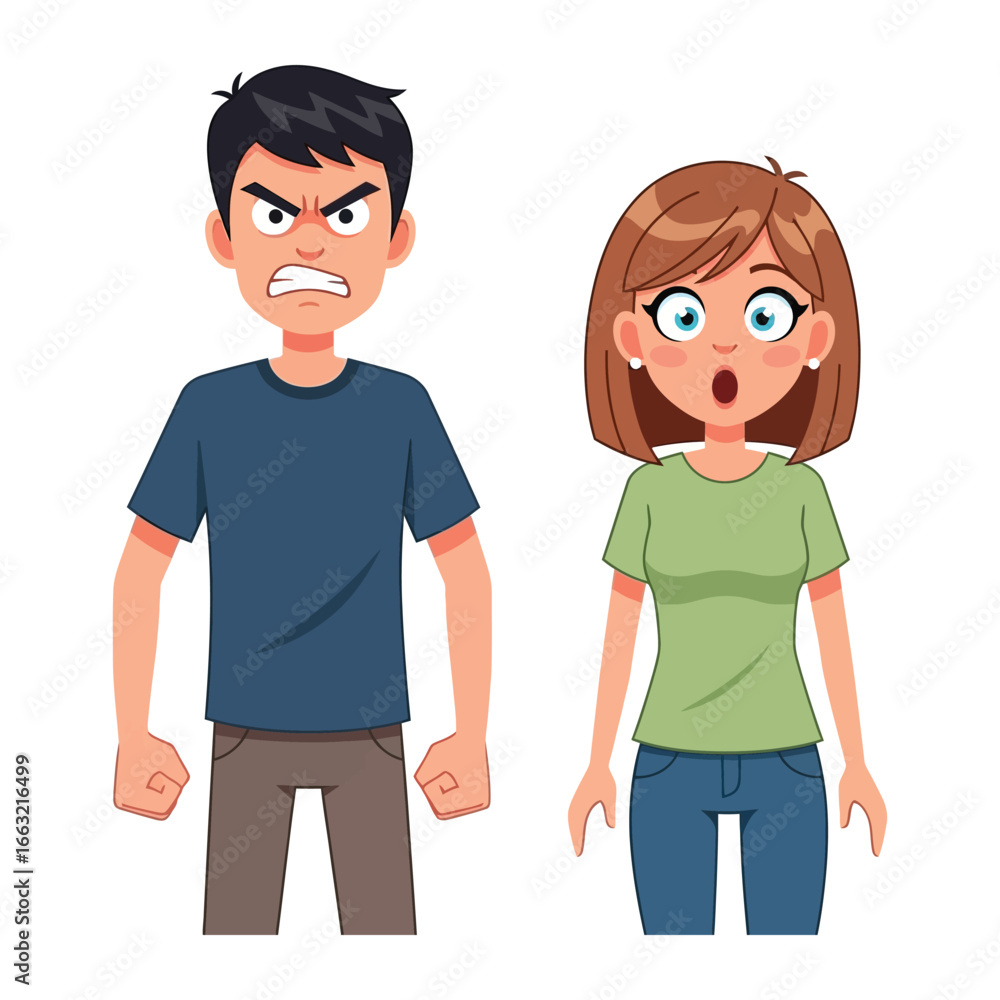 Fototapeta premium Anger and Surprise: A stylized illustration depicts a man consumed by anger while a woman registers astonishment, symbolizing contrasting emotional reactions in a narrative of tension and perplexity.