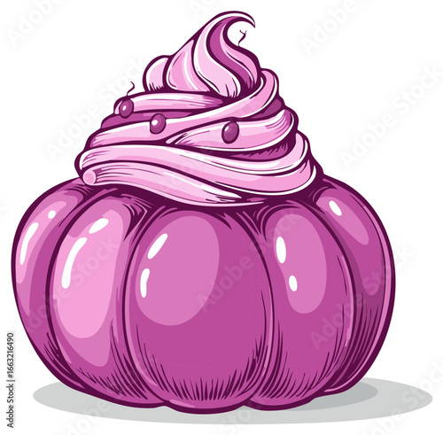 Whimsical Purple Dessert with Swirled Pink Frosting and Berry Decoration in Cartoon Style