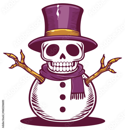 Creepy gothic snowman character with a skull head and top hat vector illustration