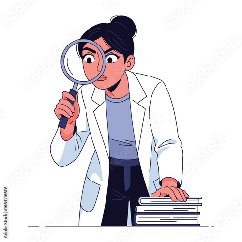 Scientific Investigation: An intelligent scientist, clad in a white lab coat, meticulously examines research through a magnifying glass.