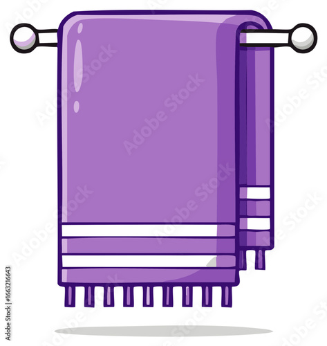 Cartoon purple bath towel with white stripes hanging on a wall rack holder