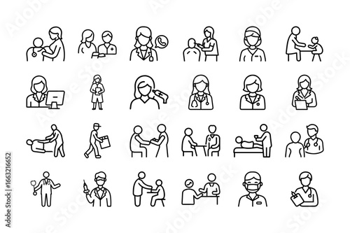 Healthcare Elements Vector Icon Set. Doctor, Nurse, Medical, Healthcare Worker, Health Treatment, Stethoscope, Medical Staff, Injection, Consultation, Diagnosis, Health Service, Editable Stroke.