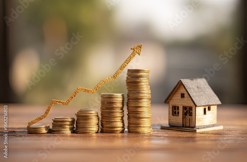 Stacks of coins, upward trend, miniature house