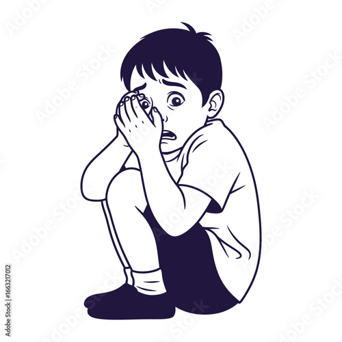Concealed in Fear: An artistic monochrome illustration captures the vulnerability of a child consumed by a state of extreme worry, highlighting themes of concern and trepidation.