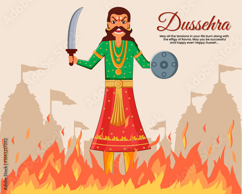 Happy Dussehra festival of India. of Lord Rama killing Ravana. vector illustration