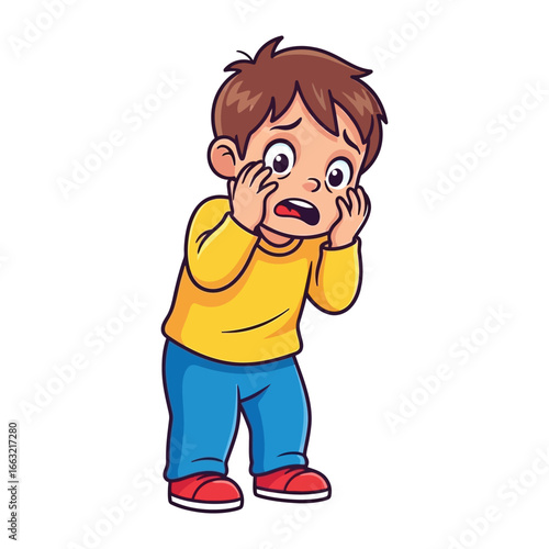 Fearful Child's Expression: A young child, depicted with wide eyes, conveys a clear sense of fear and worry, their hands clasped near their face. The image captures the innocence of childhood.